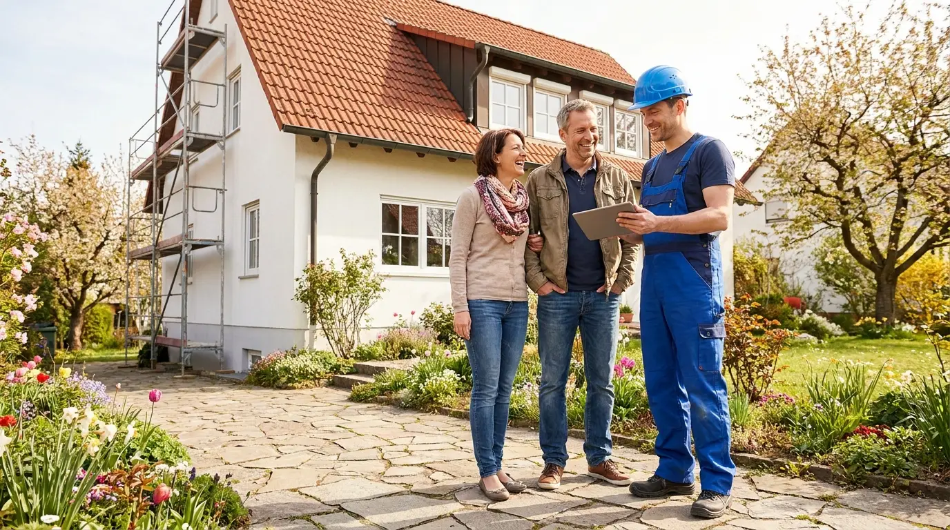 Hausbesitzer im Gespräch mit einem Handwerker vor ihrem Einfamilienhaus